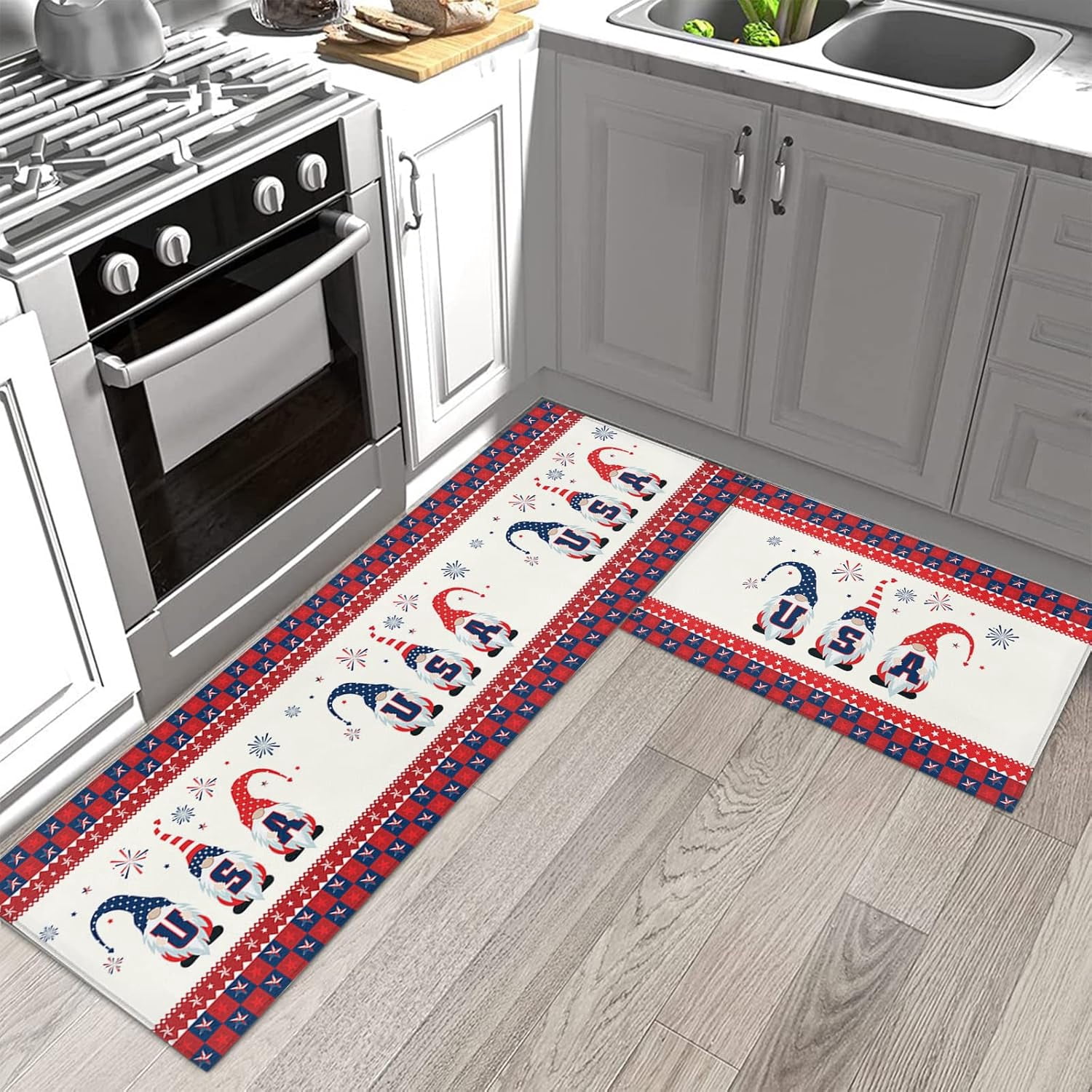 Memorial Day Kitchen Rugs and Mats Set of 2, USA Dwarf with Fireworks Non-Slip Floor Doormat Comfort Area Runner Rug and Mat, Stars Flag Red Blue Plaid Indoor Entrance Carpet Home Decor