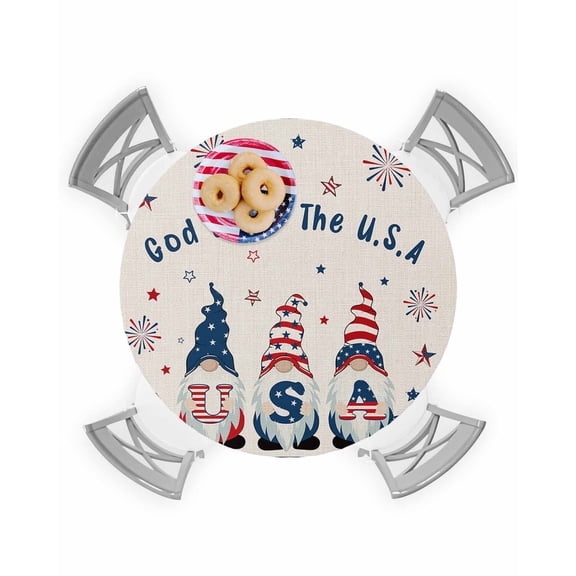 Memorial Day Patriotic Gnome USA Flag Fitted Round Tablecloths Elastic Edged Table Covers 45"-54",Blue Checker on Linen Flax Waterproof Dining Room Table Cloth for Kitchen Holiday Party Tables Decor