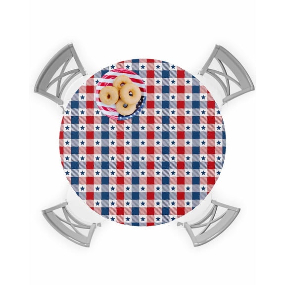 Memorial Day Patriotic Star Lattice Fitted Round Tablecloths Elastic Edged Table Covers 45"-54",Independence Liberty Celebration Waterproof Dining Room Table Cloth for Kitchen Holiday Party Tables