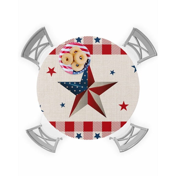 Memorial Day Patriotic USA Flag Fitted Round Tablecloths Elastic Edged Table Covers 36"-44",Blue Red Star and Lattice on Burlap Waterproof Dining Room Table Cloth for Kitchen Holiday Party Tables