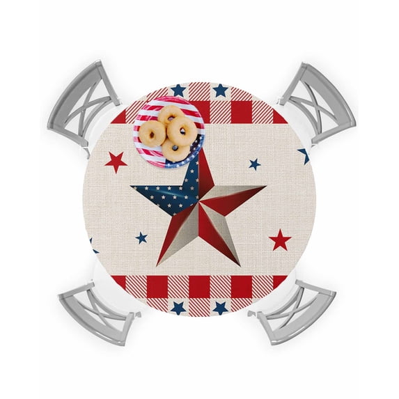 Memorial Day Patriotic USA Flag Fitted Round Tablecloths Elastic Edged Table Covers 45"-54",Blue Red Star and Lattice on Burlap Waterproof Dining Room Table Cloth for Kitchen Holiday Party Tables