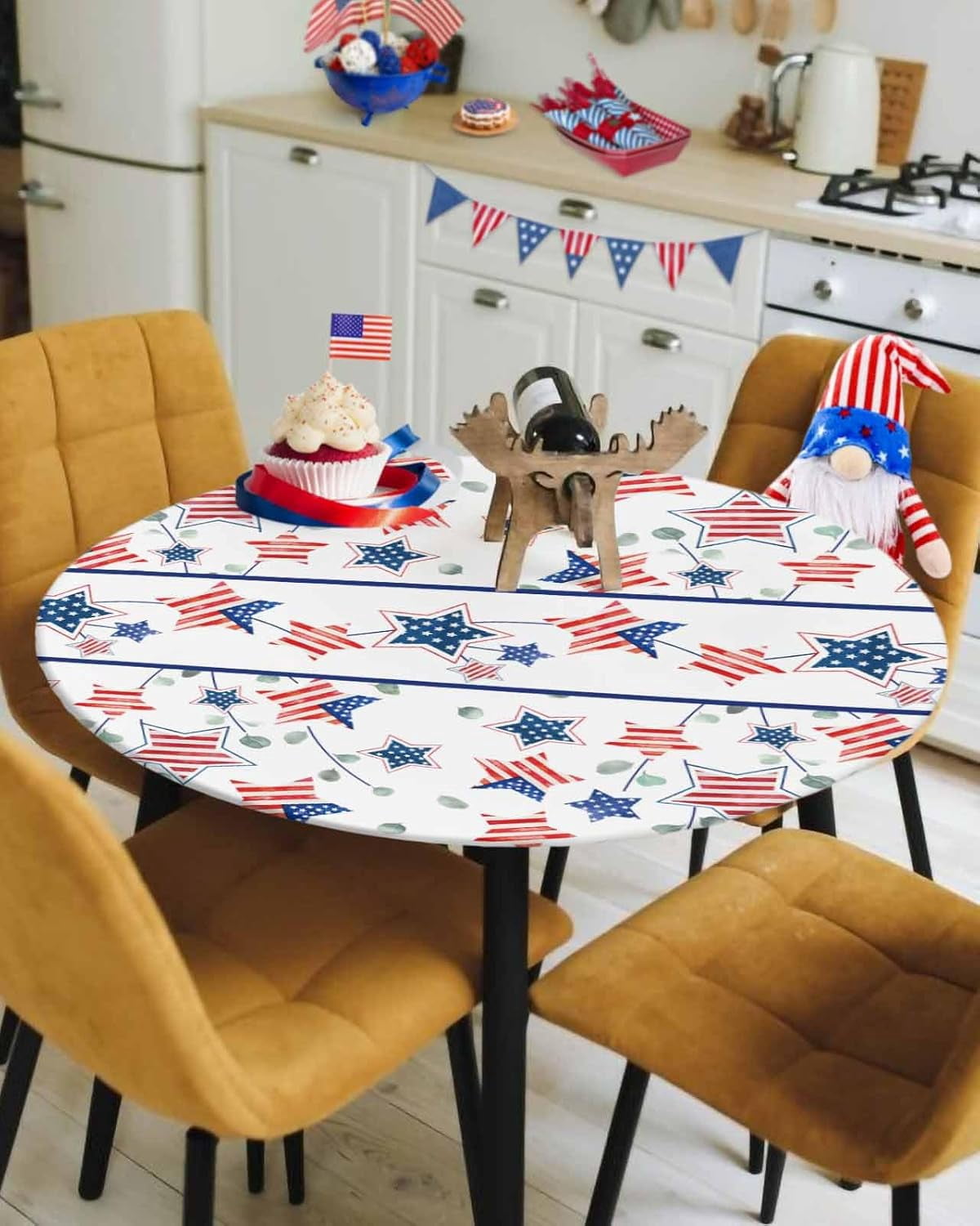 Memorial Day Round Fitted Tablecloth,American Flag Patriotic Star Elastic Edge Table Cover Waterproof Wipeable Table Cloths for Home Kitchen Dining Party Indoor Outdoor Decor 36"-44"