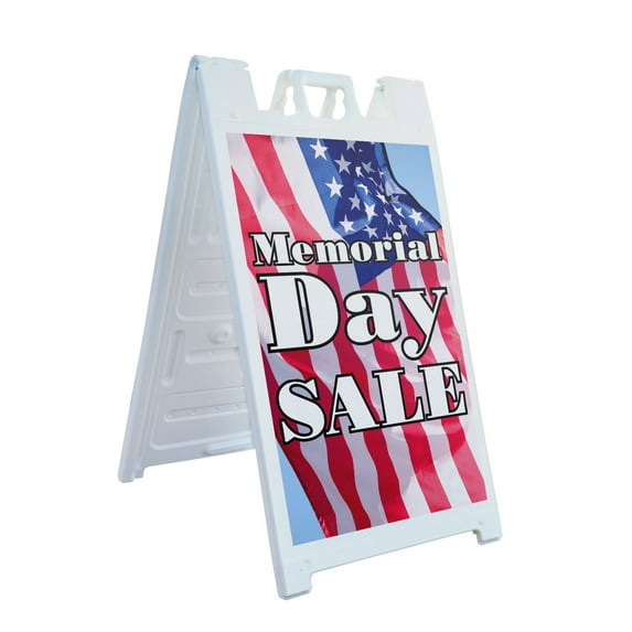 Memorial Day Sale 24" x 36" Double Sided A-Frame Sidewalk Sign Includes 2 Installed Decals Foldable Portable White Signicade Sandwich Board Patriotic Promotions Retail Discounts Event