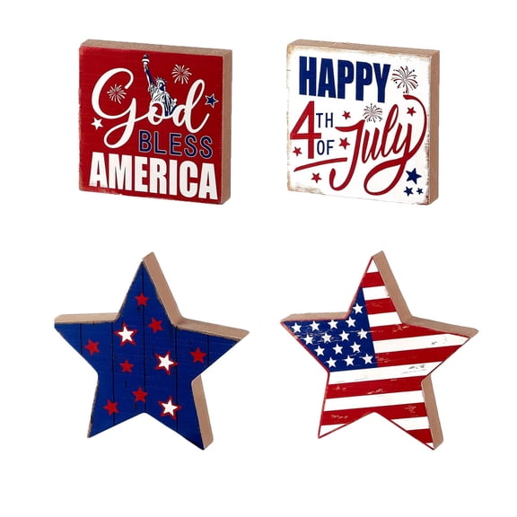Memorial Day Saving!4th of July Decorations, 4th of July Wooden Table Signs Set of 4 Patriotic America Happy 4th of July Star Block Decor for Independence Day Tiered Tray Home Decor