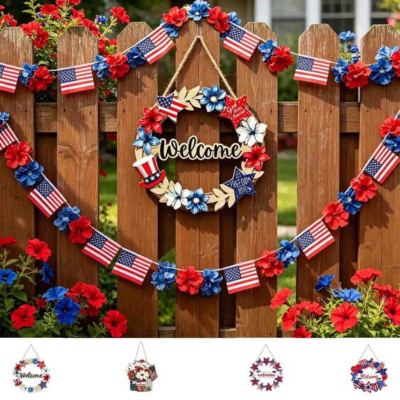 Memorial Day Saving!4th of July Decorations, Independence Day Wooden Front Door Welcome Star Wreath Round Wooden Independence Day Patriotic Door Pendant