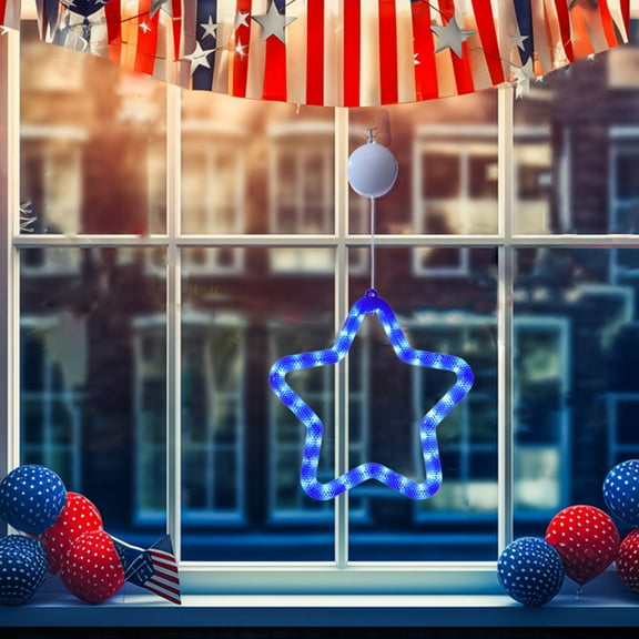 Memorial Day Savings 4th of July Lights, Blue Window Lights with Suction Cup, Battery Operated and Timer Function Patriotic Star Lights for Fourth of July, Memorial Day, Labor Day Decoration