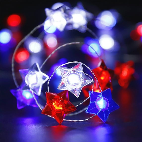 Memorial Day Savings 4th of July Star String Lights, 6.6FT Red White Blue Patriotic Decor with 10 LED Bulbs, Waterproof Plug-in for Independence Day, Memorial & President’s Celebrations