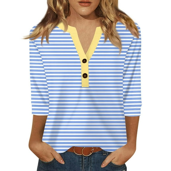 Memorial Day Shirts for Women, Instagrammable Pantone Spring Color Tee 3/4 Sleeve Button Detail Polyester Top Women's 2025 Striped V-Neck Tshirt Friendly Christmas Gift Blue S