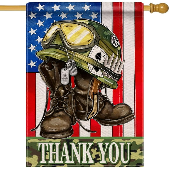 Memorial Day Soldier Boots Helmet 28x40 House Flag Double Sided, July 4th Patriotic America Flag Thank You Garden Yard Decoration, Veterans Day American Outdoor Décor Decorative Large Flag
