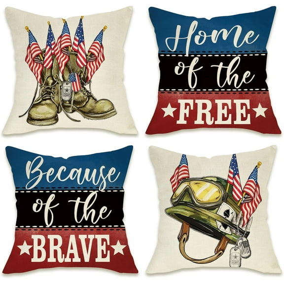 Memorial Day Soldier Boots Helmet Decorative Throw Pillow Covers 18x18 Set of 4, July 4th Patriotic America Home of The Free Outdoor Pillowcase, Veterans Day American USA Cushion Case Decor