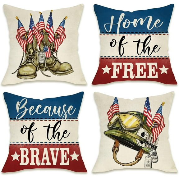 Memorial Day Soldier Boots Helmet Decorative Throw Pillow Covers 20x20 Set of 4, July 4th Patriotic America Home of The Free Outdoor Pillowcase, American USA Veterans Day Cushion Case Decor