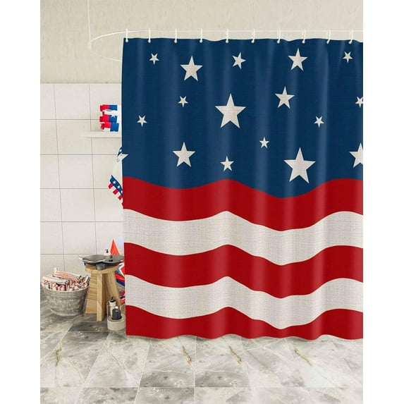 Memorial Day Stars Shower Curtain, Patriotic Fourth of July Shower Curtain Set with Hooks, Spring Summer Waterproof Fabric Shower Curtains for Bathroom Decor, 72x72 Inch Bath Curtain