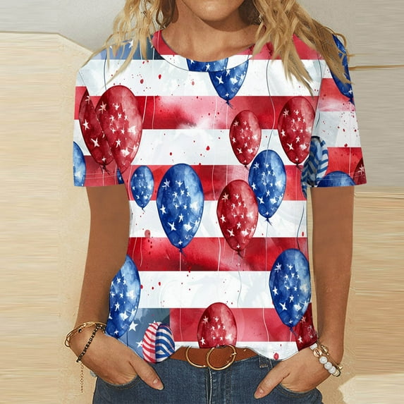 Memorial Day T Shirt for Women 4th of July T Shirts Women American Flag Shirts Womens Independence Day Tops for Women Patriotic Tees Women Fashion Casual Printed Round Neck Short Sleeved T-Shirt Top