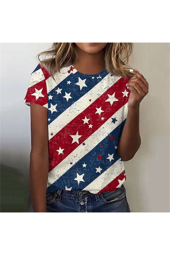 Memorial Day T Shirts for Women Red White and Blue T Shirts Women 4th of July Shirts Red White and Blue Tops Memorial Day Tee Women's New Casual Fashion Printed T-Shirt Crewneck Short-Sleeved Top