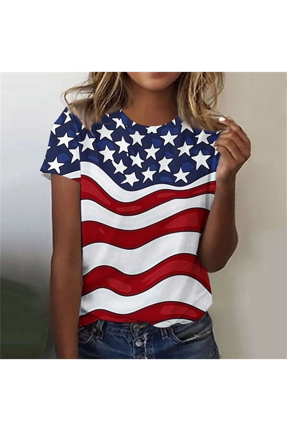 Memorial Day T Shirts for Women Red White and Blue T Shirts Women 4th of July Shirts Red White and Blue Tops Memorial Day Tee Women's New Casual Fashion Printed T-Shirt Crewneck Short-Sleeved Top