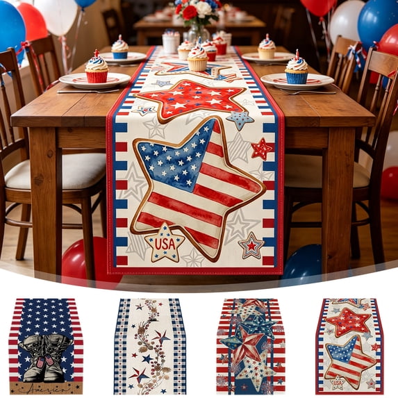 Memorial Day Table Runner, Linen Table Flag for Honoring Fallen Soldiers, Patriotic Tablecloth for Family Living Room, Decorative Dining Table Cover for Commemorative Events and Gatherings