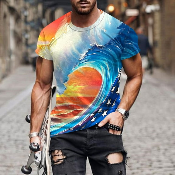 Memorial Day Tshirts Men Fourth of July Shirt Men Red White and Blue T Shirt for Men 4th of July Shirt Mens Men's Independence Day Printed Round Neck Short Sleeved Tops Blouses