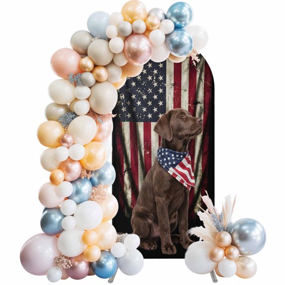 Memorial Day Wedding Arch Cover,Stretchy Spandex Arch Backdrop Stand Covers 4 FT,Patriotic America Flag Labrador Dogs Abstract Round Top Arched Backdrop Cover for Birthday Party Ceremony Baby Shower