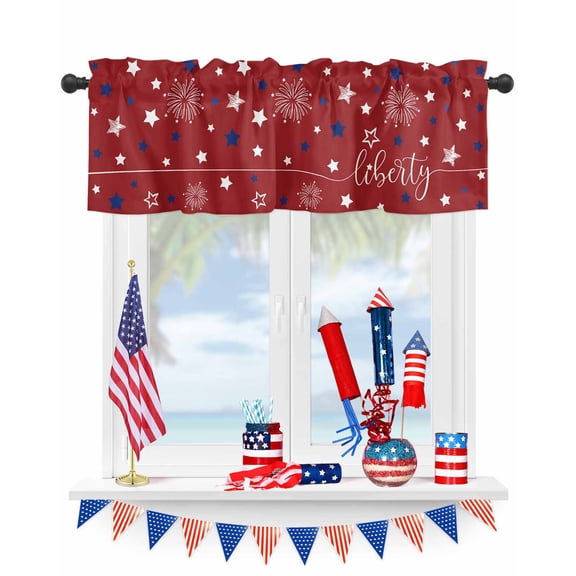 Memorial Day White Blue Star on Red Curtain Valances for Kitchen Windows,Rod Pocket Short Valance Patriotic Liberty Celebration Window Treatment for Living Room Bathroom Bedroom,54" x 18"-1 Panel