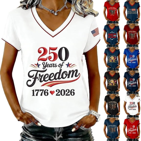 Memorial Day shirt for Women, 1776-2026 Freedom Graphic Tee, V Neck Short Sleeve Relaxed Fit Top for Independence Day July 4th