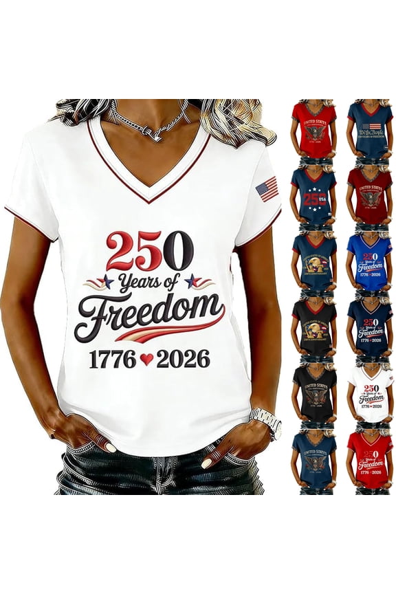 Memorial Day shirt for Women, 1776-2026 Freedom Graphic Tee, V Neck Short Sleeve Relaxed Fit Top for Independence Day July 4th
