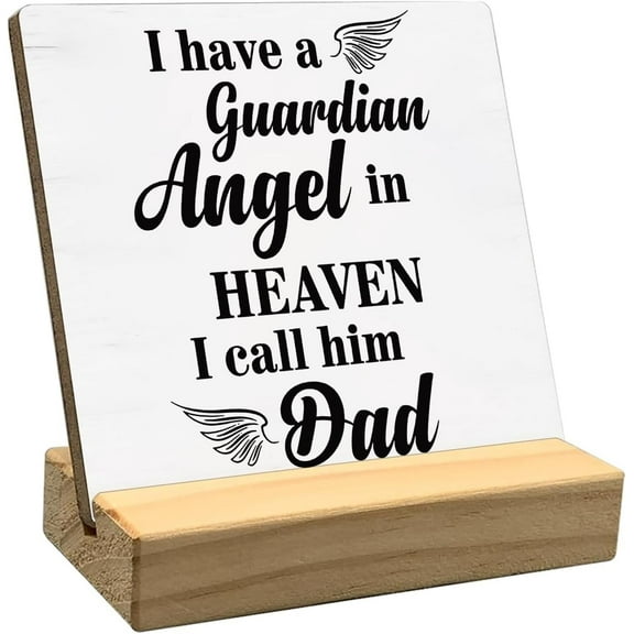 Memorial Father Gift Desk Decor,Guardian Angel Dad in Heaven Wood Plaque Sign Remembrance Gifts for Loss of Father,Tabletop,Desk Shelf Decor Wood Wood Plaque Gift Block Plaque 4 x 4 inch