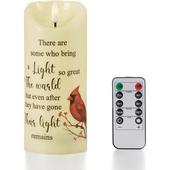 Memorial Flameless LED Pillar Candle with Remote Timer Sympathy Gift for Loss of Loved One Battery Operated Cardinal Poem Remembrance Candle for Funeral Prayers