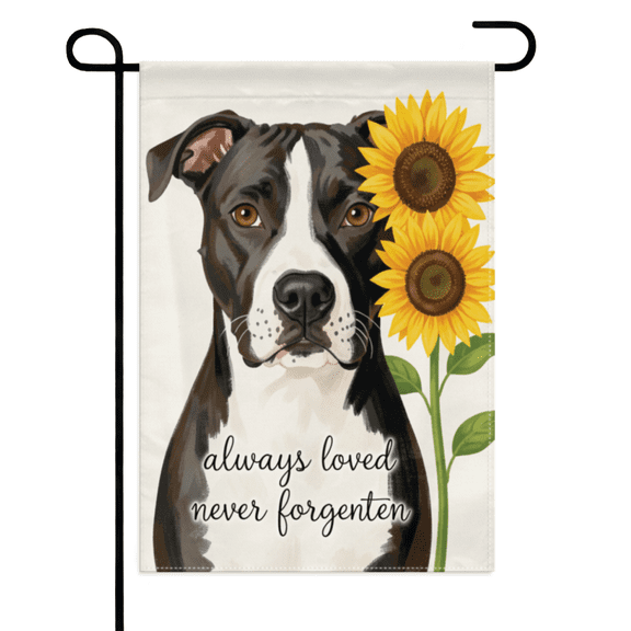 Memorial Garden Flag Always Love Never Forgotten Pitbull Dog 12×18in Double Sided Linen Love Heart Weatherproof Decor For Cemetery Outdoor House Yard