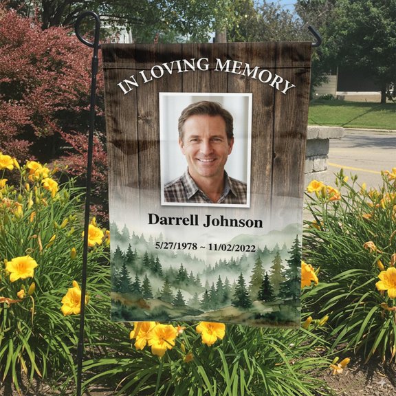 Memorial Garden Flag Custom Photo Remembrance Rustic Forest Design In Loving Memory Sympat