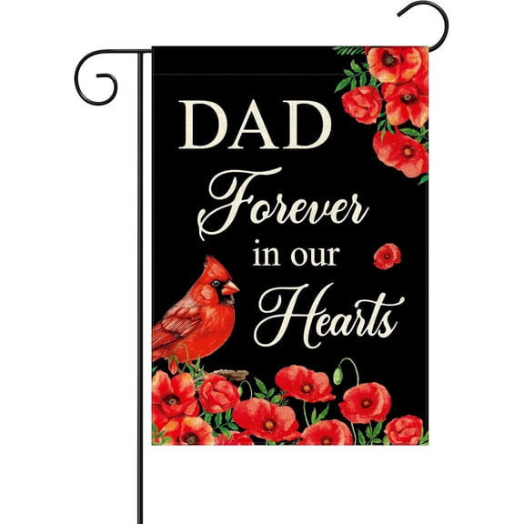 Memorial Garden Flag for Dad 12 x 18 Inch Linen Black Forever in Our Hearts Cardinal Floral Sympathy Grave Cemetery Outdoor Decoration