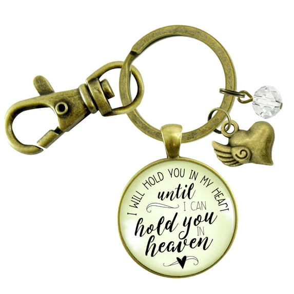 Memorial Gutsy Goodness Bronze Metal Keychain I Will Hold You in My Heart Until Heaven Adult Female Jewelry Angel Wing Heart