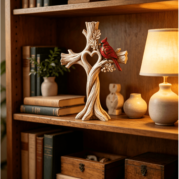 Memorial Heart Tree Cross Keepsake with Cardinal 7.87in, Resin Sympathy Gift for Christmas & Home Decoration (Sold Individually)