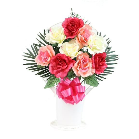 Memorial Large Rose Arrangement in Large, White Cemetery Hoop Basket with Handle - N/A Fuschia, Pink, White