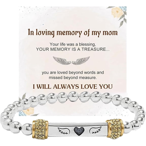 For Memorial In Memory of Loved Ones-Heart With Wings Dainty Diamond Beaded Stretch Bracelets，Angel Wing Missing You Always Lost Lover Stainless Steel Engraving Tube Gift Jewelry For Women Men