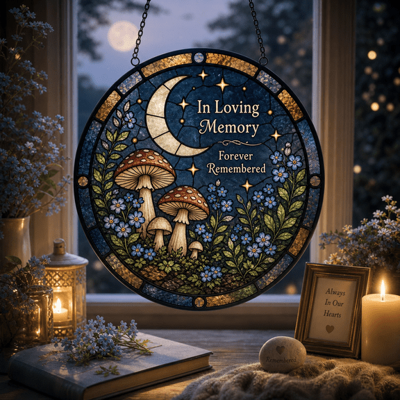 Memorial Mushroom Stained Glass Suncatcher Moonlight Forget-Me-Not Remembrance Gift