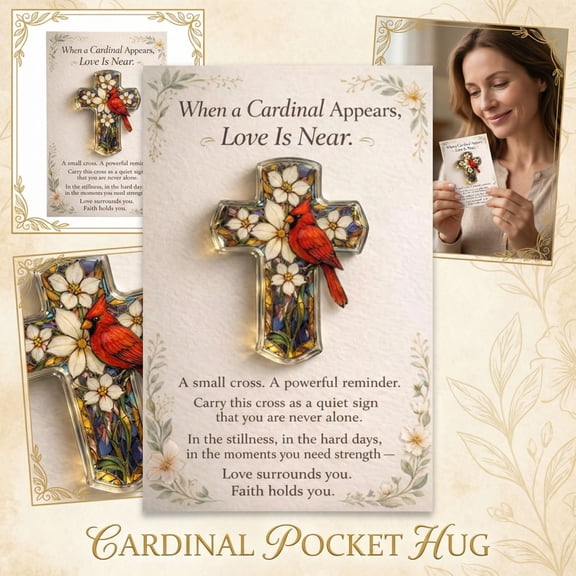 Memorial Ornament, Pocket Cross, Cardinal, 2X1.5inAcrylic, Remembrance Ornament, Sympathy Gift, Handcrafted, Memorial Service, Inspirational Pocket Favors, 1 Pc