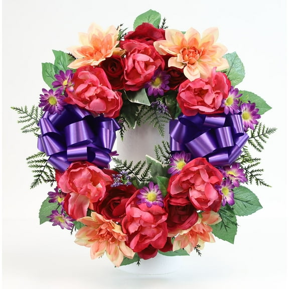Memorial Peony Ranunculus & Dahlia Cemetery Wreath - N/A Burgandy, Fuschia, Pink, Purple