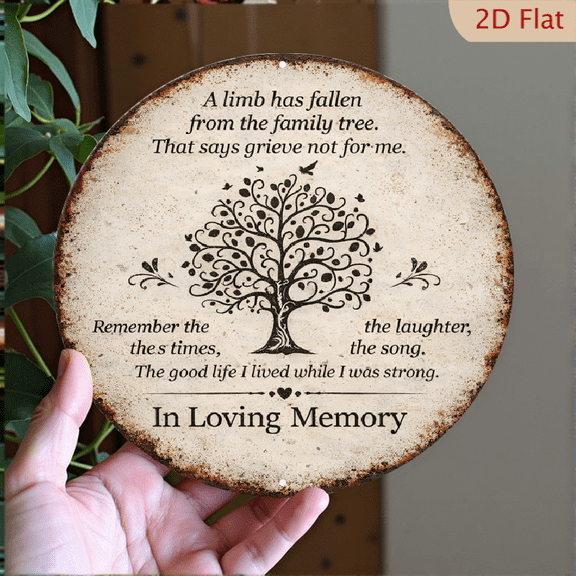 Memorial Plaque, 8x8 Inch Round Aluminum Wall Art, Vintage Style Family Tree In Loving Memory Decorative Sign for Home Decor