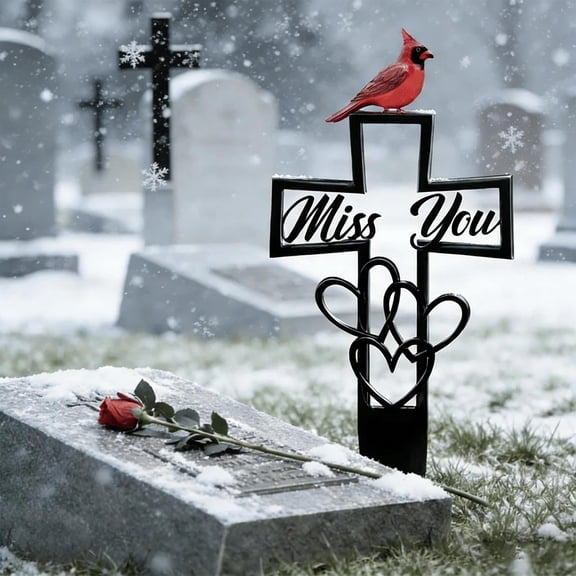 Memorial Plaque for Cemetery – Metal Grave Marker with Cross and Cardinal – Sympathy Gift for Loss of Loved One – Outdoor Remembrance – 1 PC