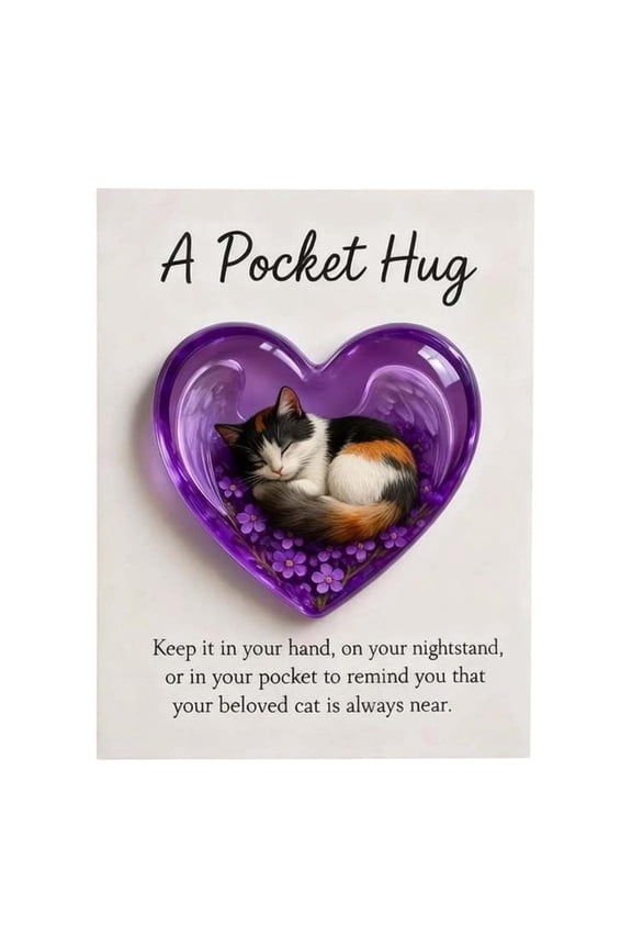 Memorial Pocket Keepsake | Remembrance Sympathy Gift | Resin Heart with Sleeping Cat, Forget-Me-Not Flower, Comfort Card | Small Pet Loss Token for Cat Lovers