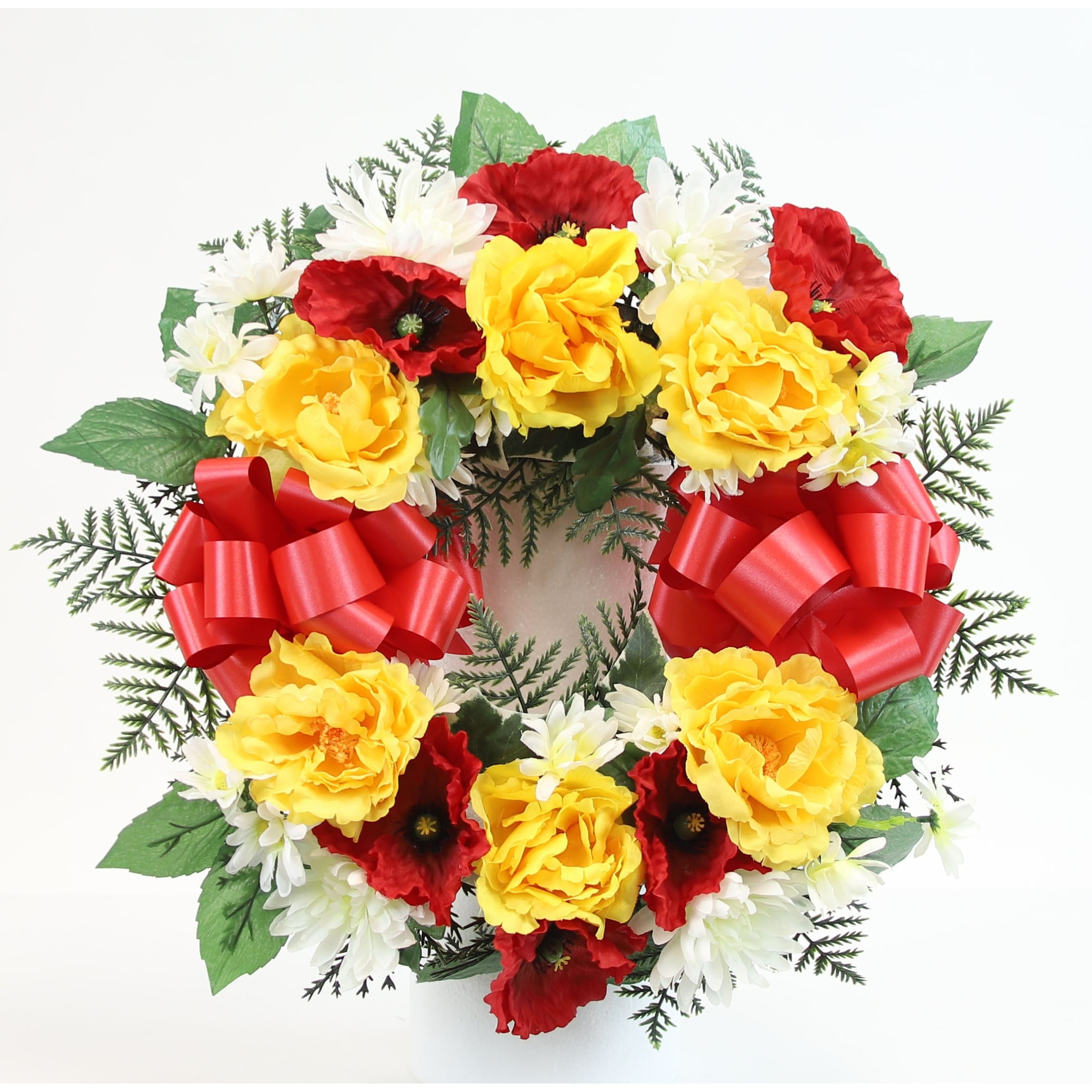 Memorial Rose Poppy & Mum Cemetery Wreath - N/A Red, Yellow, White