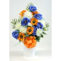 Memorial Rose Poppy & Mum Mix Arrangement in Large, White Cemetery Hoop Basket with Handle - N/A Blue, Orange, White