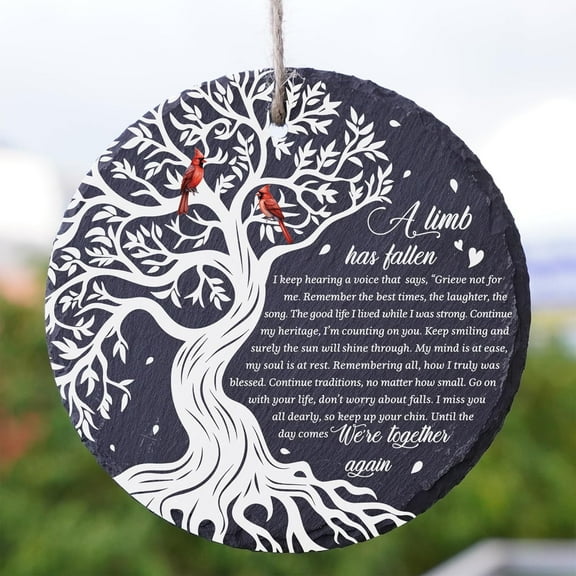 Memorial Round Stone Ornament A Limb Has Fallen, 4 Inches UV Printed Tree of Life Cardinal Design Hanging Decoration with String, Acrylic Pen and Gift Box, Sympathy Keepsake for Loss of Loved One