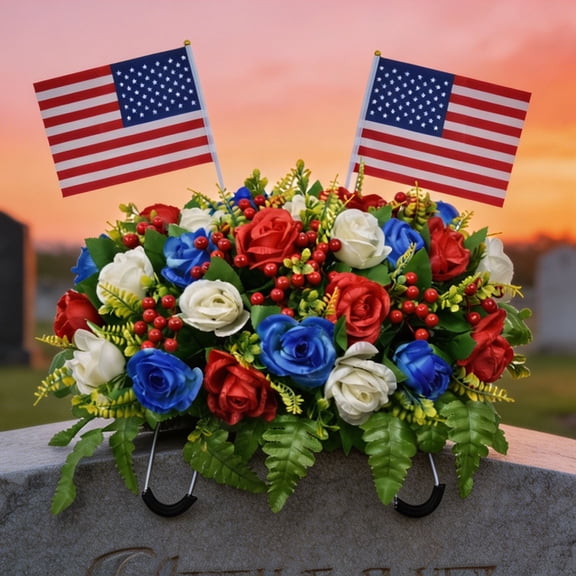 Memorial Saddle Flower Tombstone Floral Decoration Cemetery Tribute, Fade Resistant Long Lasting Realistic Design, For Grave Funeral Memorial Outdoor Remembrance