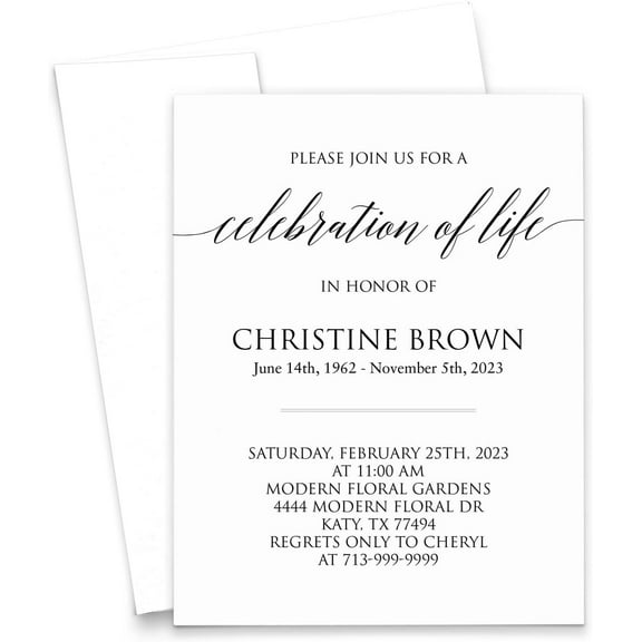 Memorial Service Invitations With Envelopes, FLAT Celebration of Life Invite Cards, Basic Script Invitations For s, Invites, Your Choice of Quantity and Envelope Color