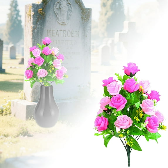 Memorial Silk Flowers for Cemetery - Lifelike Rose & Lily Bouquet, Floral Arrangement for Graves, Headstone & Outdoor Vase Decor - Durable Sympathy Flowers for All Seasons