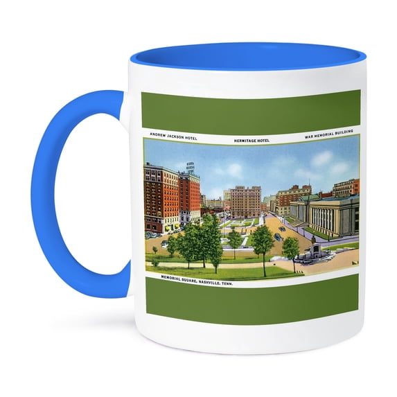 3dRose, Memorial Square Nashville Tennessee Scene with Vintage Cars, 15oz Two-Tone Blue Mug