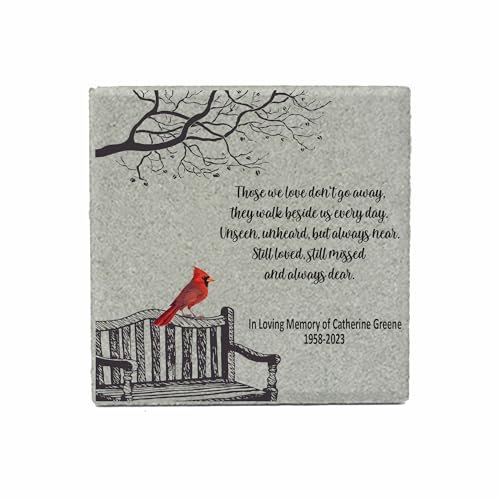Memorial Stone - 12x12 Empty Bench with Cardinal Memorial - Real Stone Personalized by$$Garden & Patio
