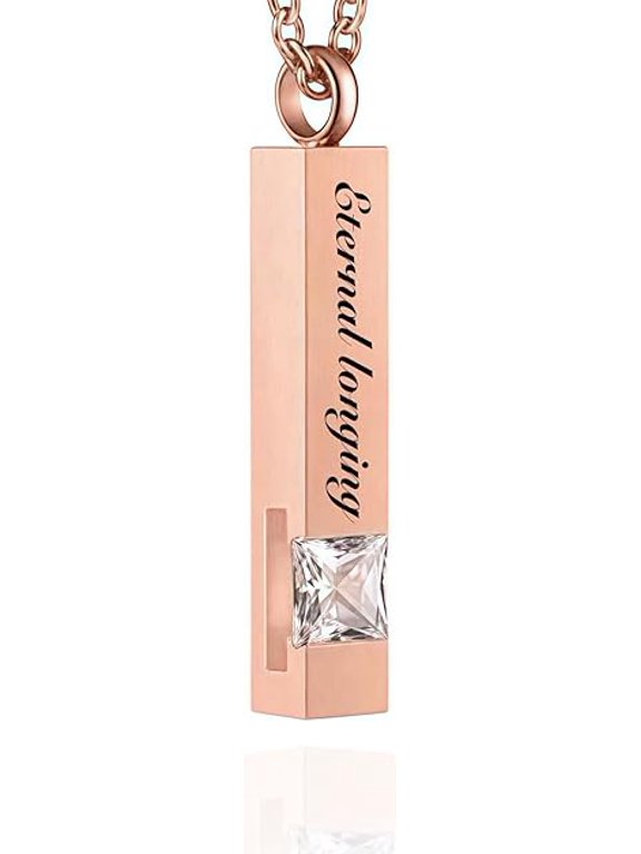Memorial Urn Necklace Personalized Custom Name Stainless Steel Urn Crystal Ashes Necklace Pendant for Loved Ones & Pets Adjustable Chain Funeral Keepsake Jewelry Engravable Urn
