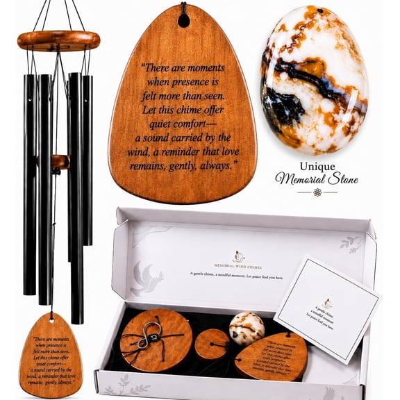 Memorial Wind Chimes for Loss of Loved One - 28 in. Sympathy Wind Chime Gift with Keepsake Stone & Message Card, Calming Tone, Wood Mute Damper, Garden Porch Patio Decor for Outside